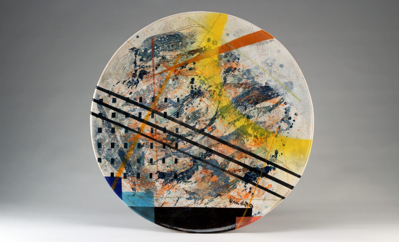 Douglas Kenney Ceramics large wall plate #1 2020-1. Underglazes and clear glaze fired in an electric kiln, 22.5
